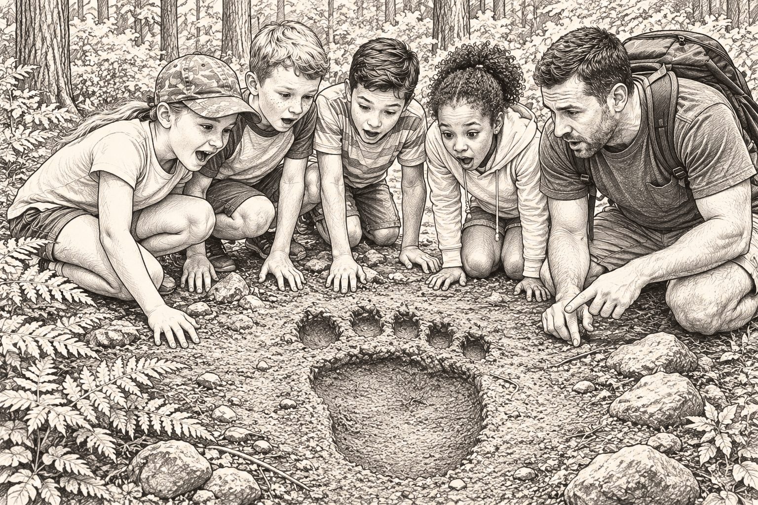 Group camping around a fire and picnic tables