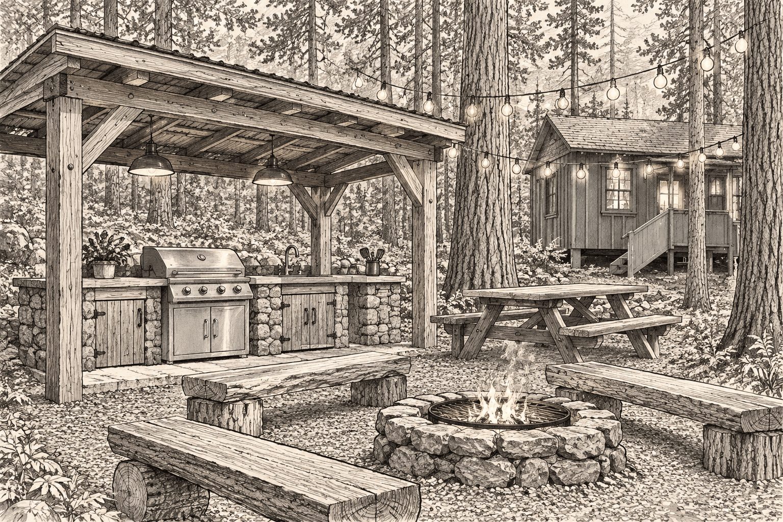 Canvas tent interior with lanterns